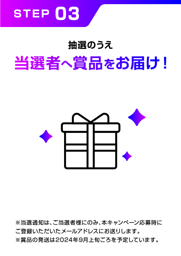 STEP 03 ※当選通知は、ご当選者様にのみ、本キャンペーン応募時にご登録いただいたメールアドレスにお送りします。※賞品の発送は2024年9月上旬ごろを予定しています。